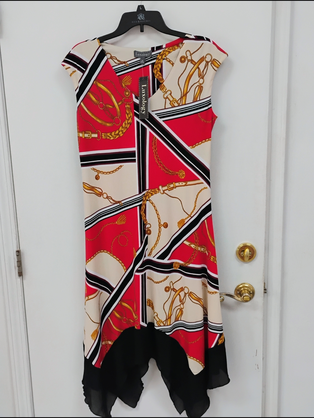 Luxology Red Chain Print Handkerchief Hem Dress Size 10 NWT